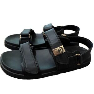 A New Day Black Chunky Comfort Sandals Gold Hardware Adjustable Straps 10